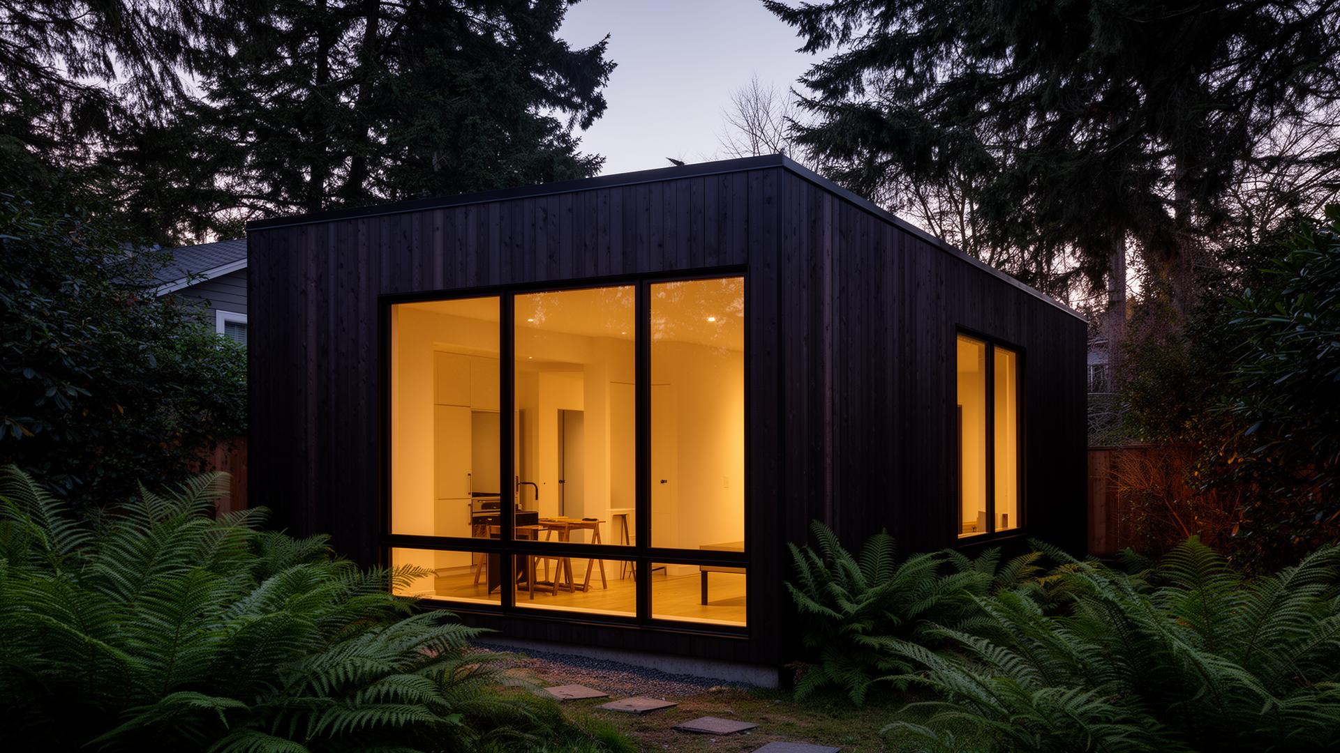 Modern dark-cedar DADU at dusk in a Seattle backyard
