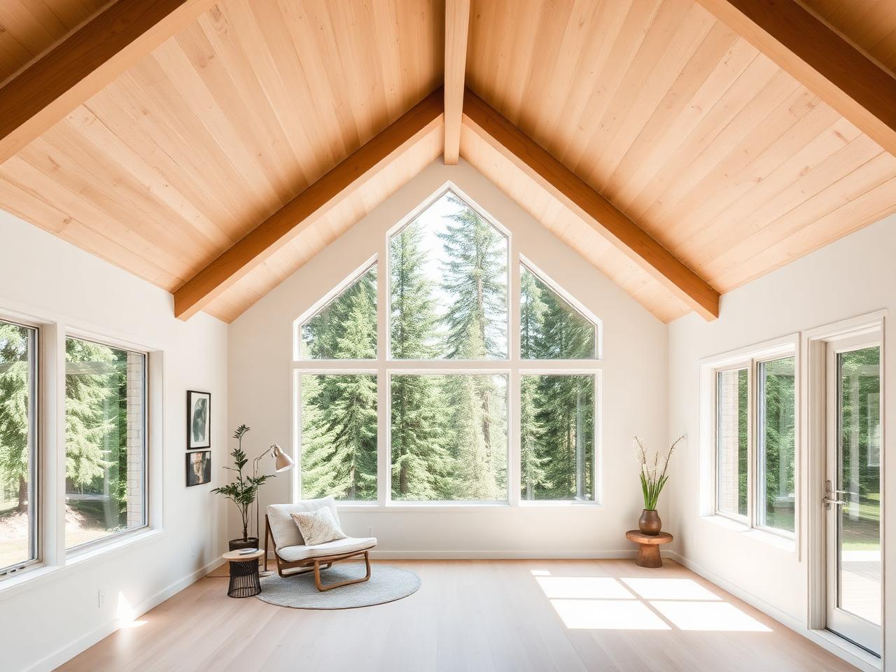 Bright vaulted ADU interior with forest view